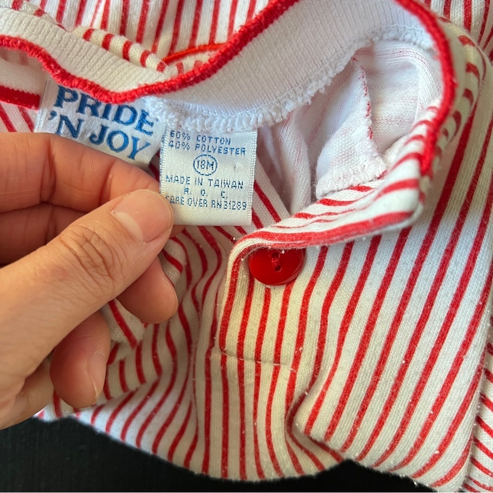 Vintage Pride N Joy Striped Bear Baseball Red White Baby Onesie Size 18 Months - Picture 8 of 8
